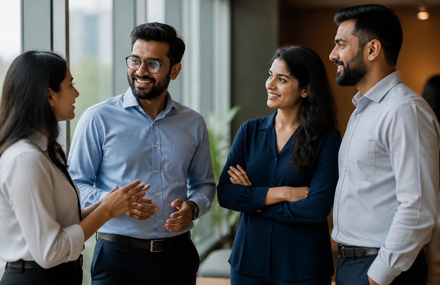 Four sales professionals in a candid discussion beside a large office window